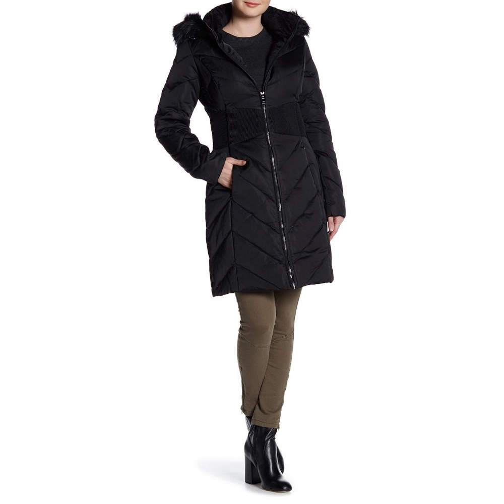 TAHARI Black Puffer Hooded Faux Fur Coat